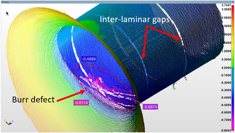 铆钉孔 ID 显示毛刺缺陷和层间间隙